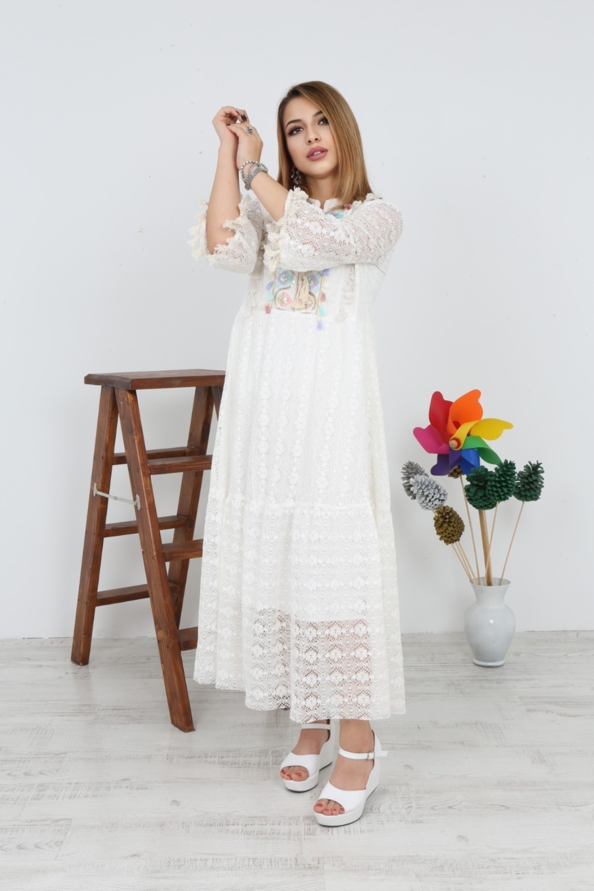 Womens Summer Lace Dress with Cuff Collar and Fringe Detail