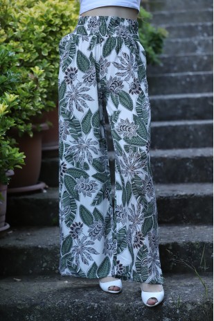 Kadın Yaprak Desenli Yüksekbel Geniş Paça Cepli Pantolon