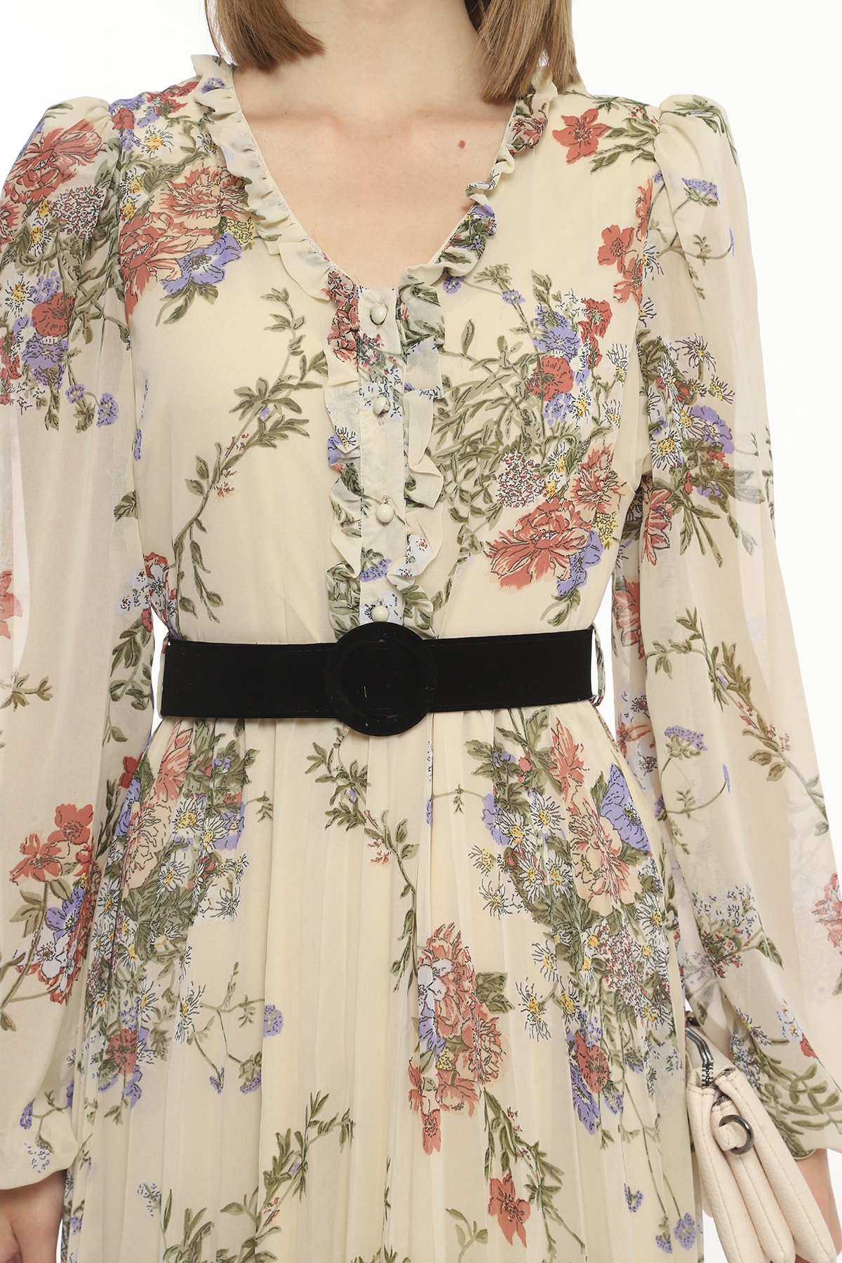 Damenkleid mit Blumenmuster, Gürtel und Rüschenkragen