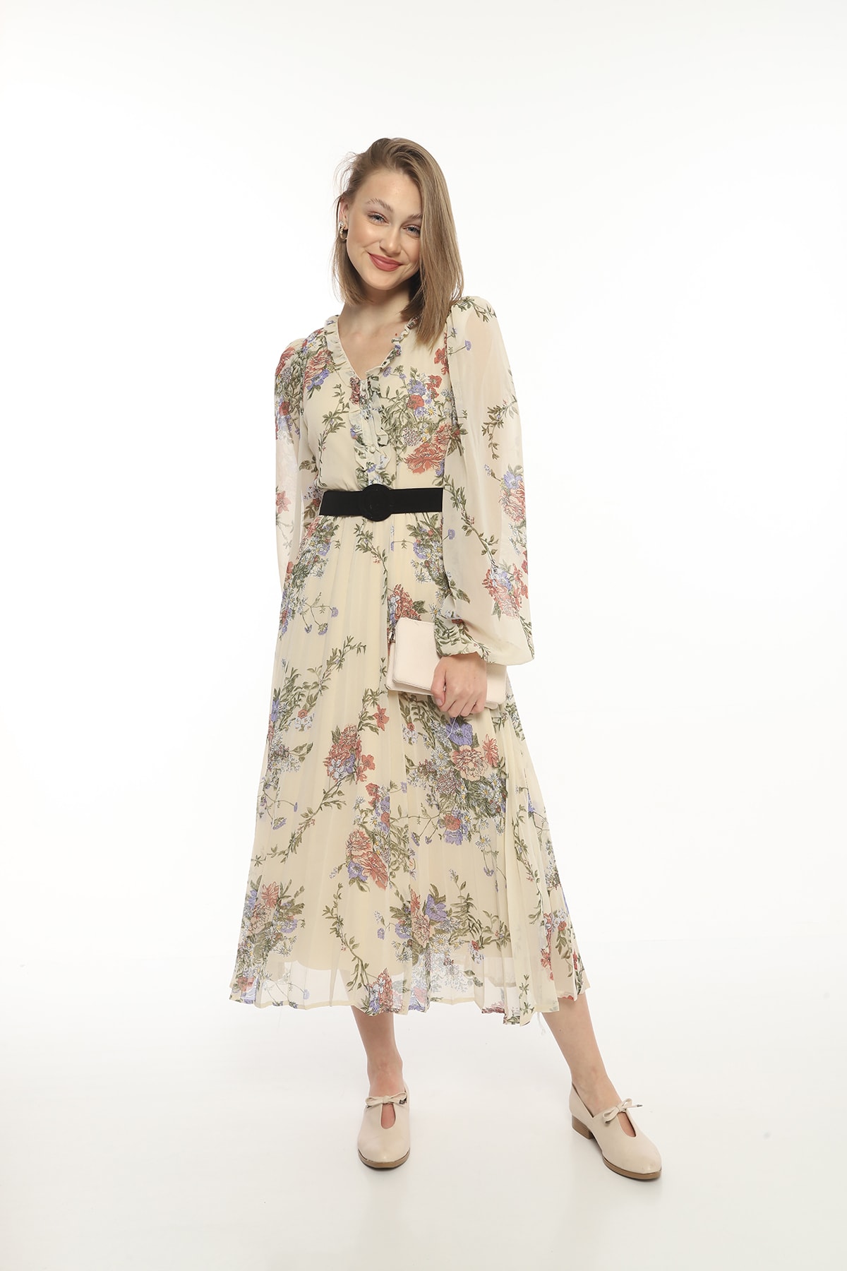 Damenkleid mit Blumenmuster, Gürtel und Rüschenkragen