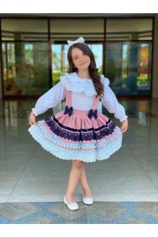 Kız Çocuk İki Parça Yakası Fırfırlı Badi Ve Slopet Elbise