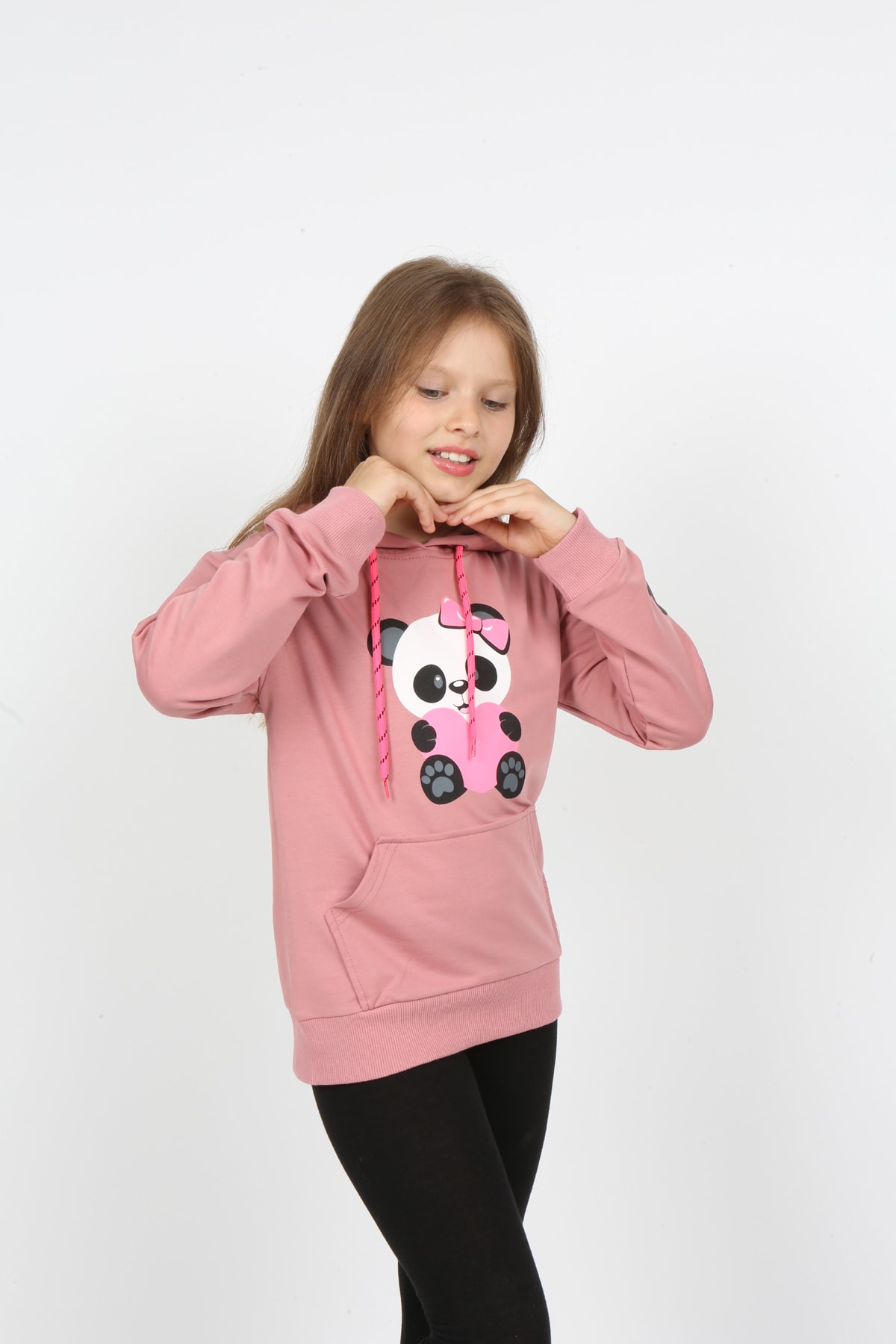 Kız Çocuk Kapüşonlu Cepli Ayıcık Baskılı Sweatshirt