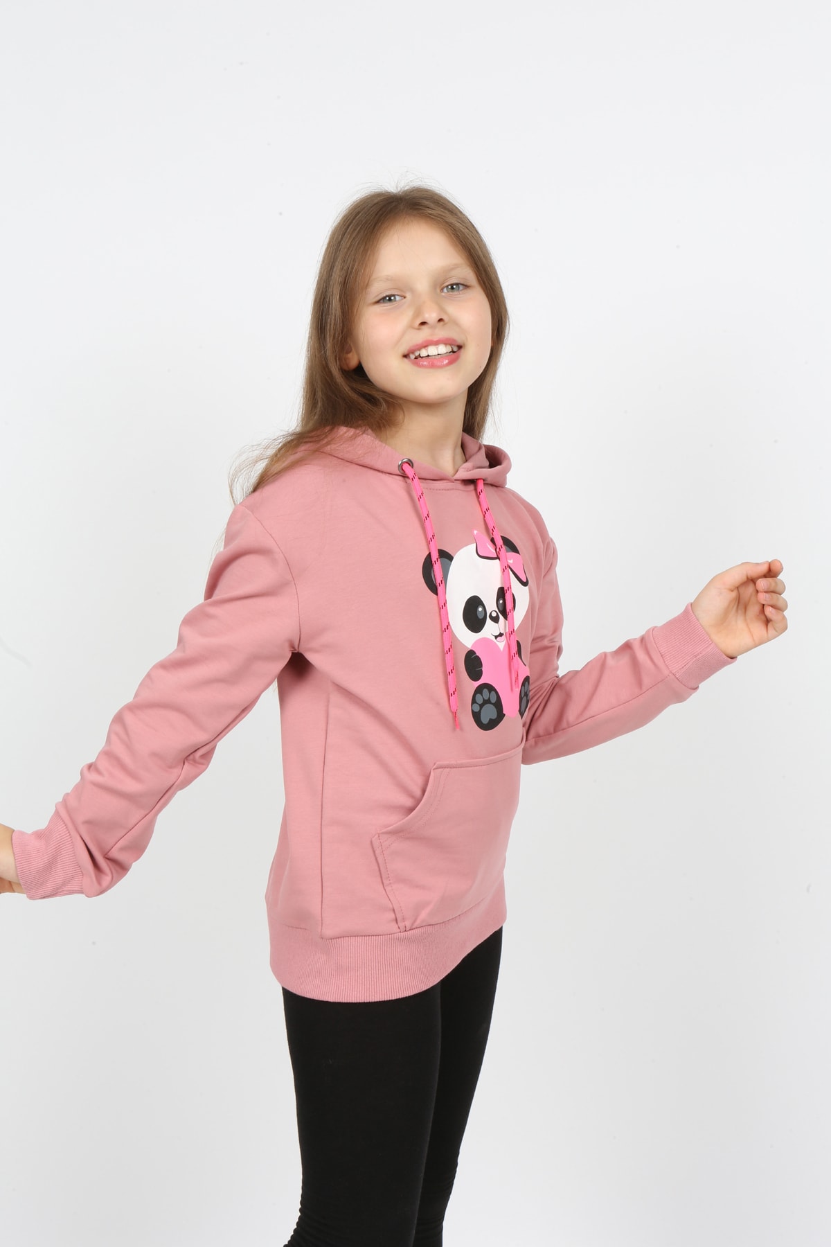 Kız Çocuk Kapüşonlu Cepli Ayıcık Baskılı Sweatshirt
