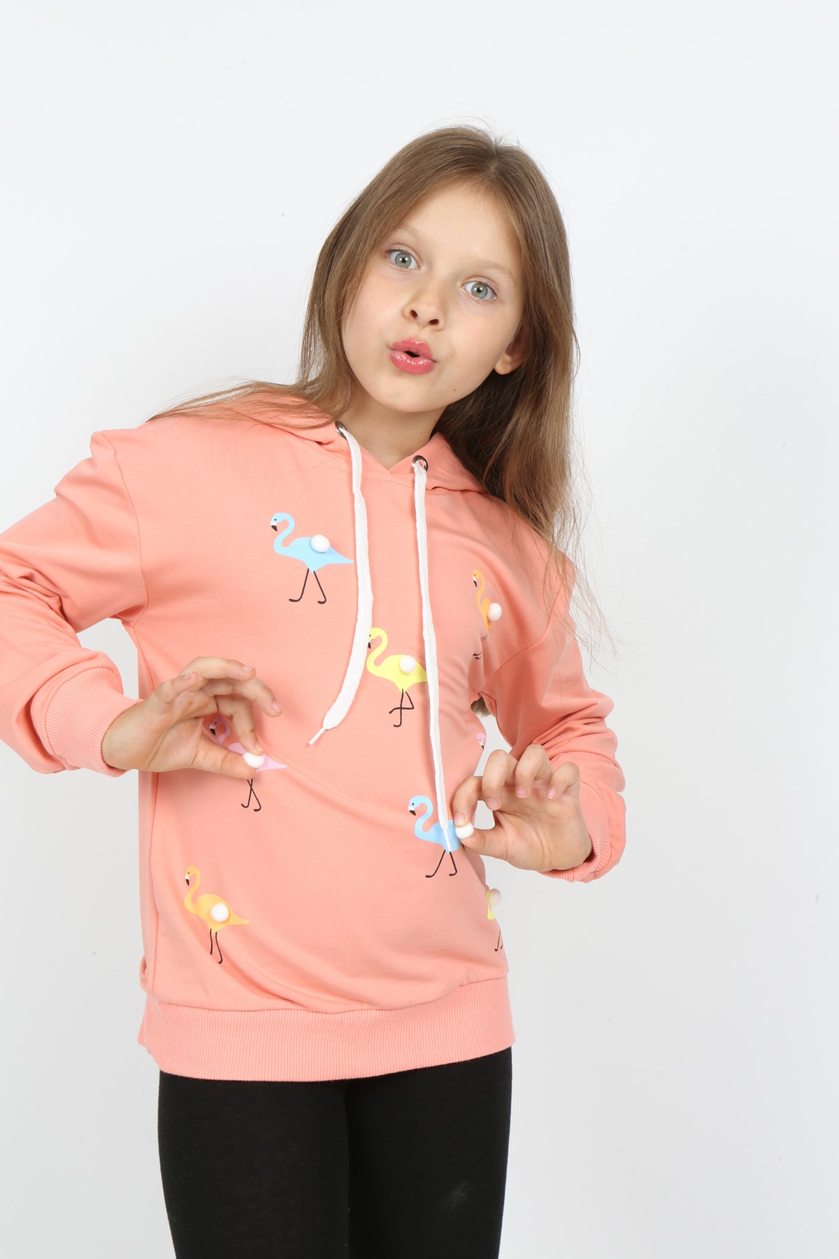 I&k Şımarık Kids Kız Çocuk Kapüşonlu Flamingo Baskılı Sweatshirt