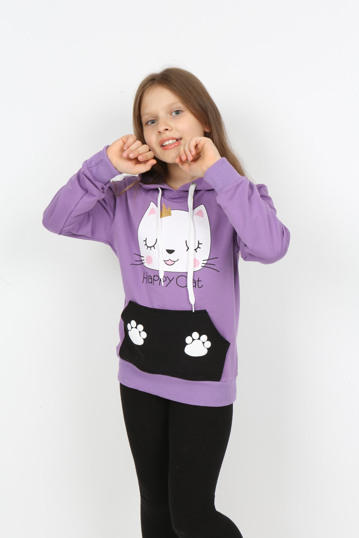 Kız Çocuk Kapüşonlu Cepli Baskılı Sweatshirt