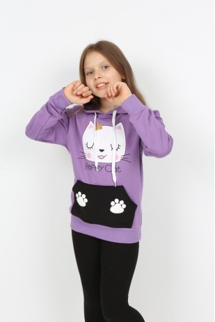 سويت شيرت بناتي بغطاء رأس ومطبوع مع جيوب