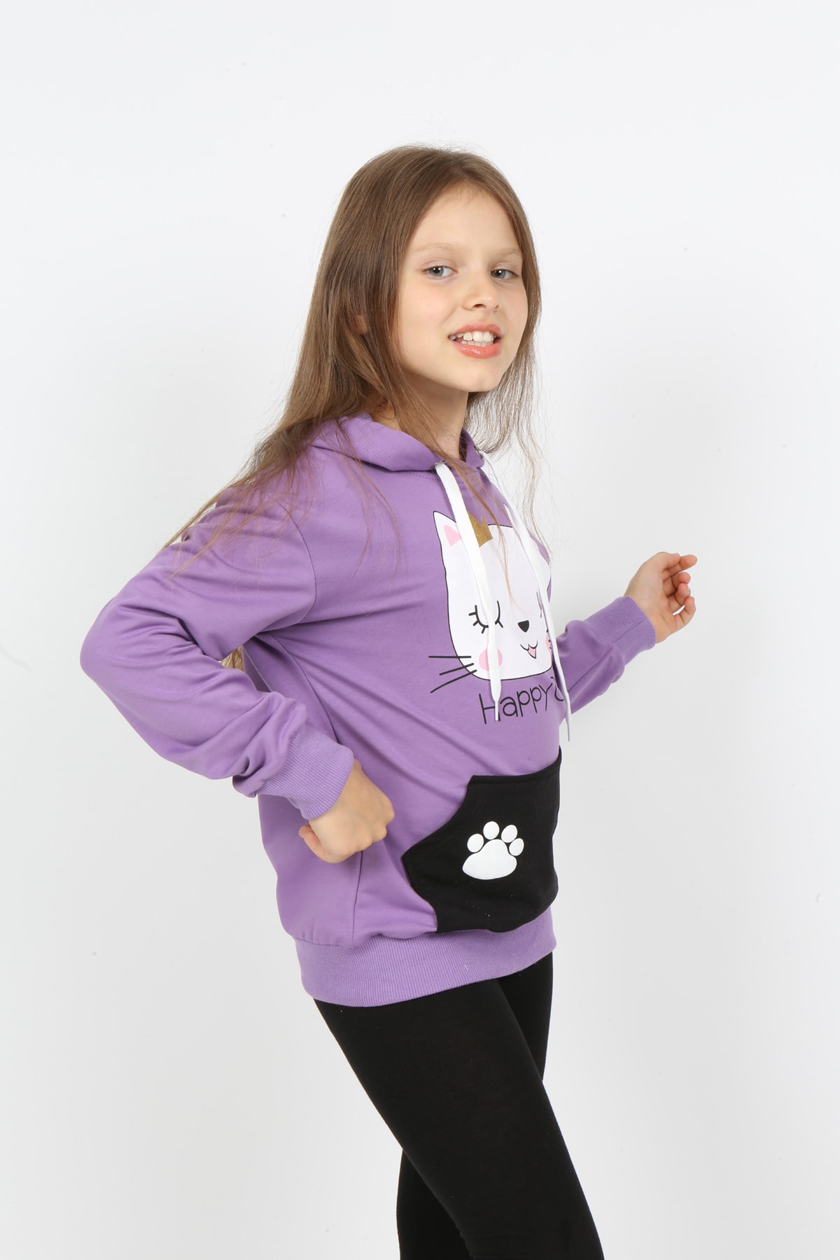 Kız Çocuk Kapüşonlu Cepli Baskılı Sweatshirt