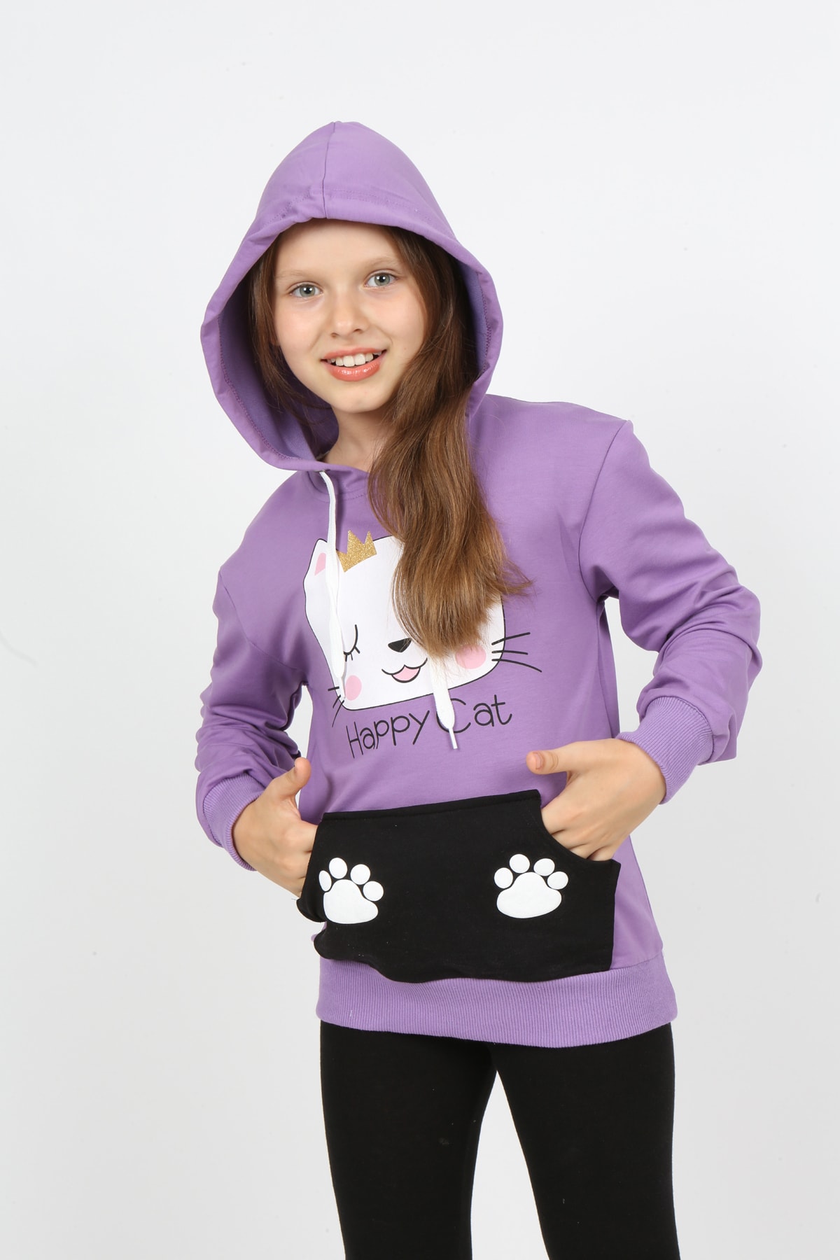 Kız Çocuk Kapüşonlu Cepli Baskılı Sweatshirt