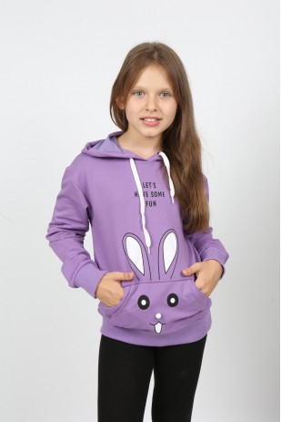 I&k Şımarık Kids سويت شيرت بغطاء رأس وجيب وطبعة أرنب للفتيات