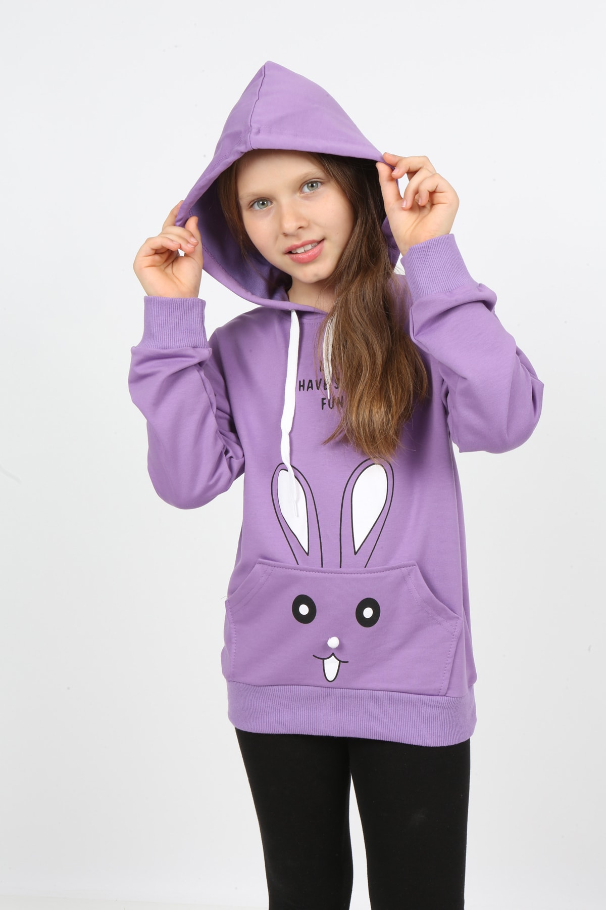 I&k Şımarık Kids Kız Çocuk Kapüşonlu Cepli Tavşan Baskılı Sweatshirt