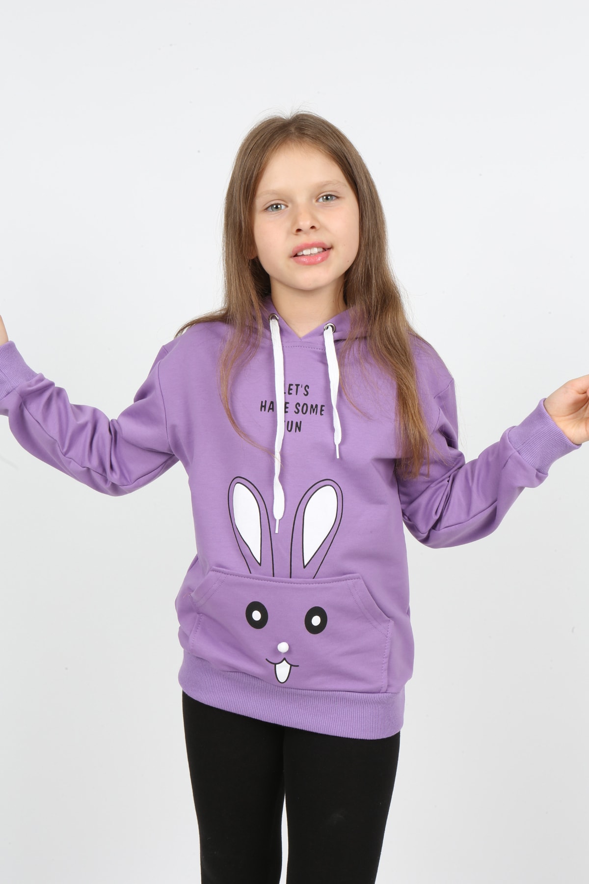 I&k Şımarık Kids Kız Çocuk Kapüşonlu Cepli Tavşan Baskılı Sweatshirt