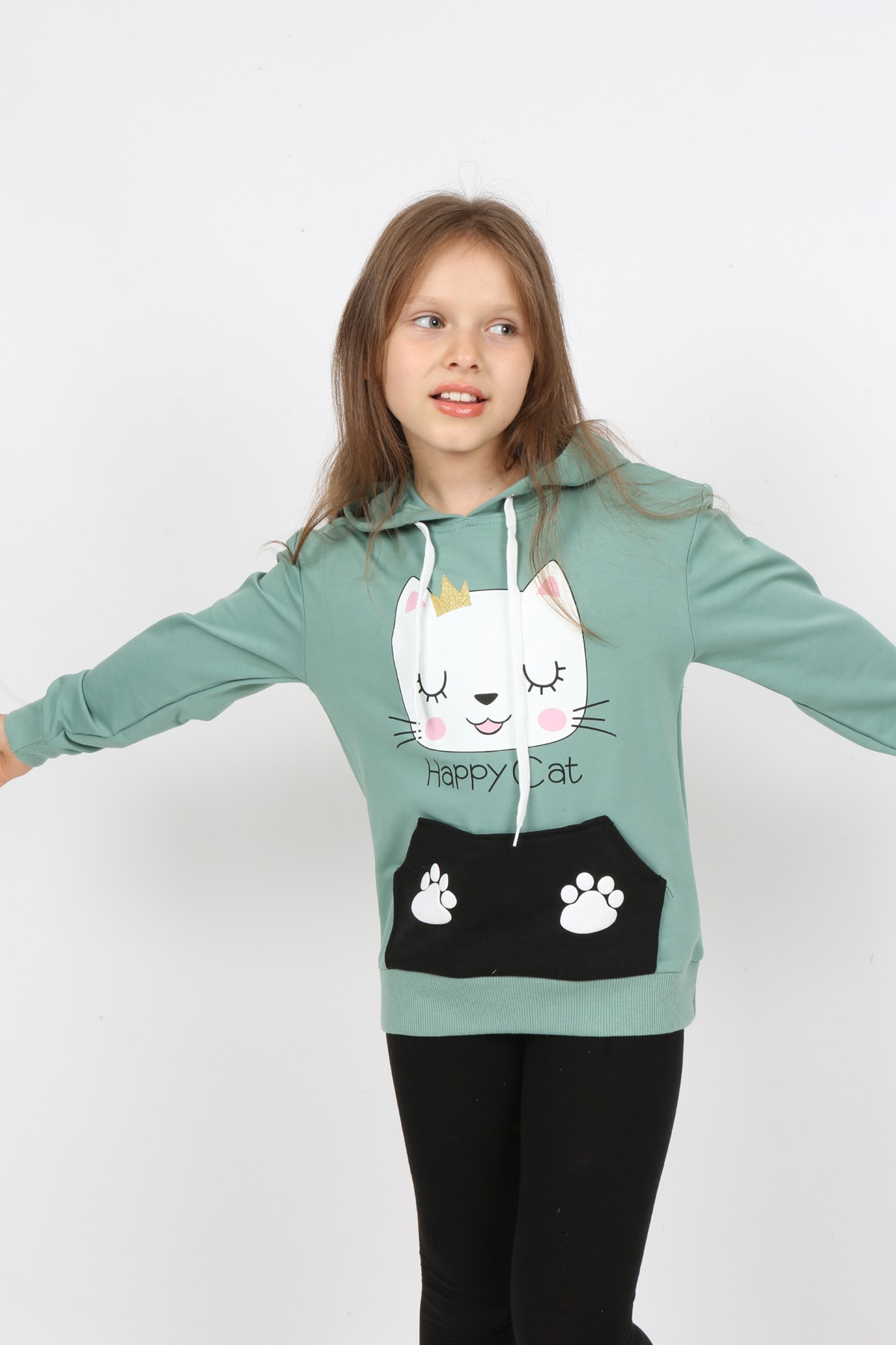 I&k Şımarık Kids سويت شيرت مطبوع بجيب مقنع للفتيات