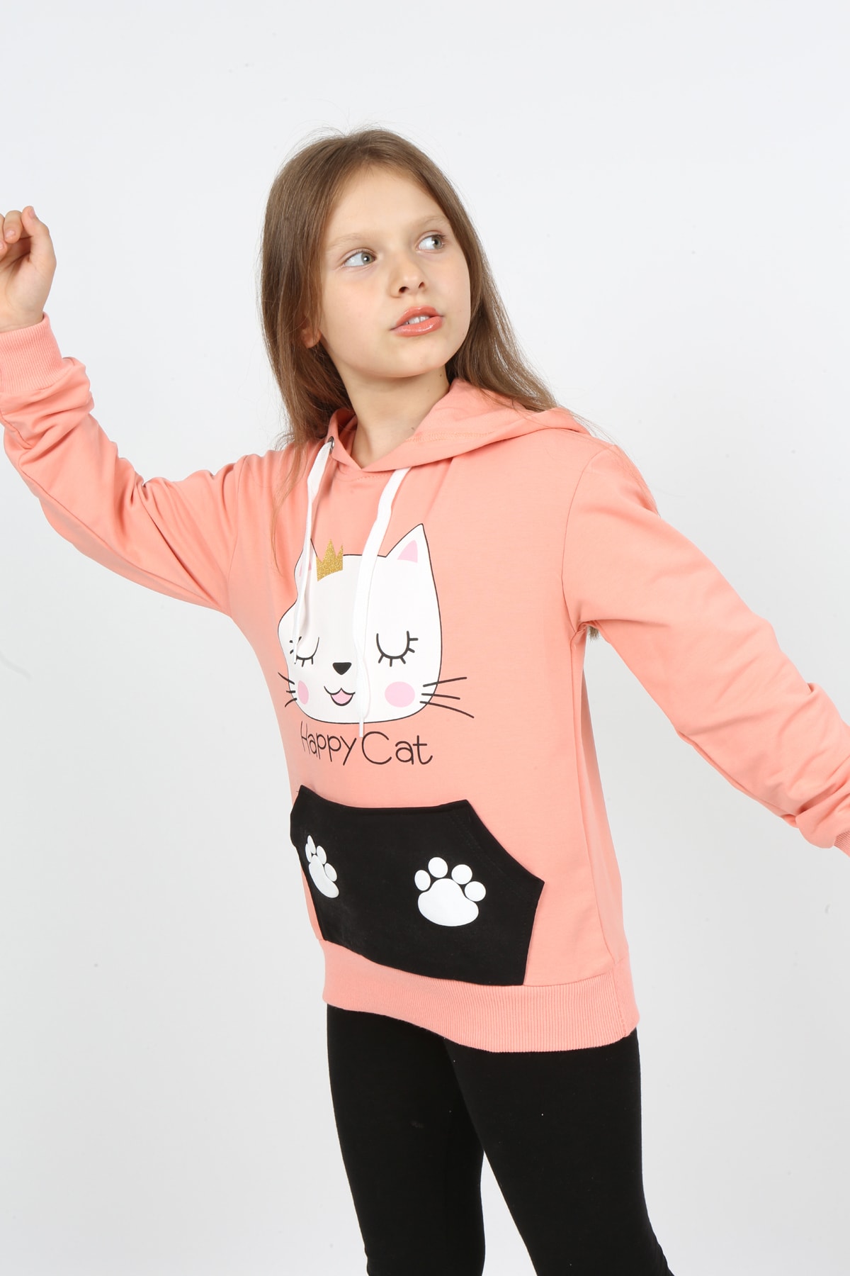 I&k Şımarık Kids سويت شيرت مطبوع بجيب مقنع للفتيات