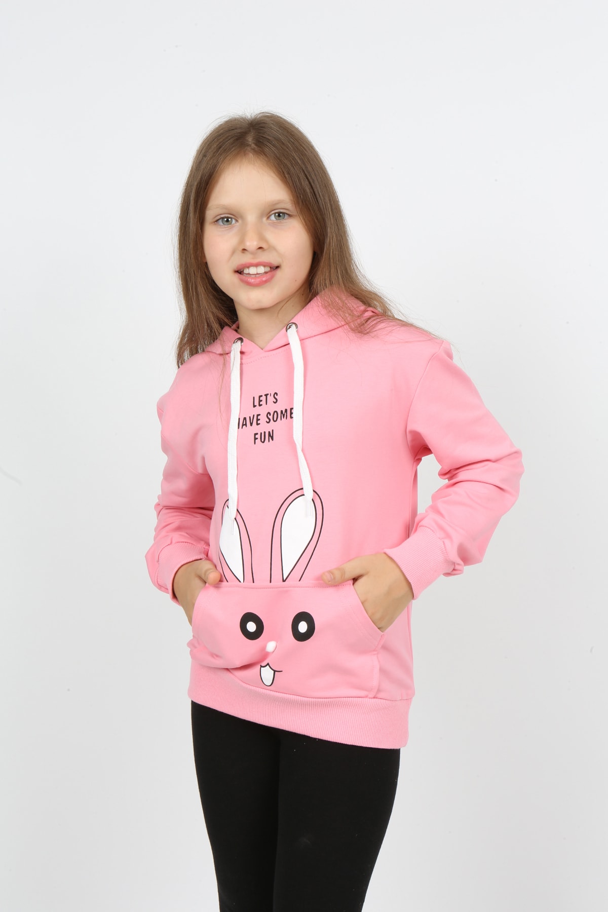 Kız Çocuk Kapüşonlu Cepli Tavşan Baskılı Sweatshirt