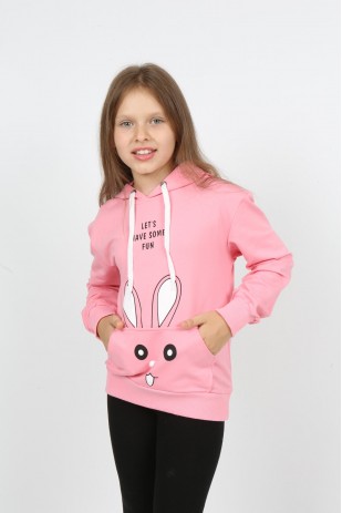 Kız Çocuk Kapüşonlu Cepli Tavşan Baskılı Sweatshirt