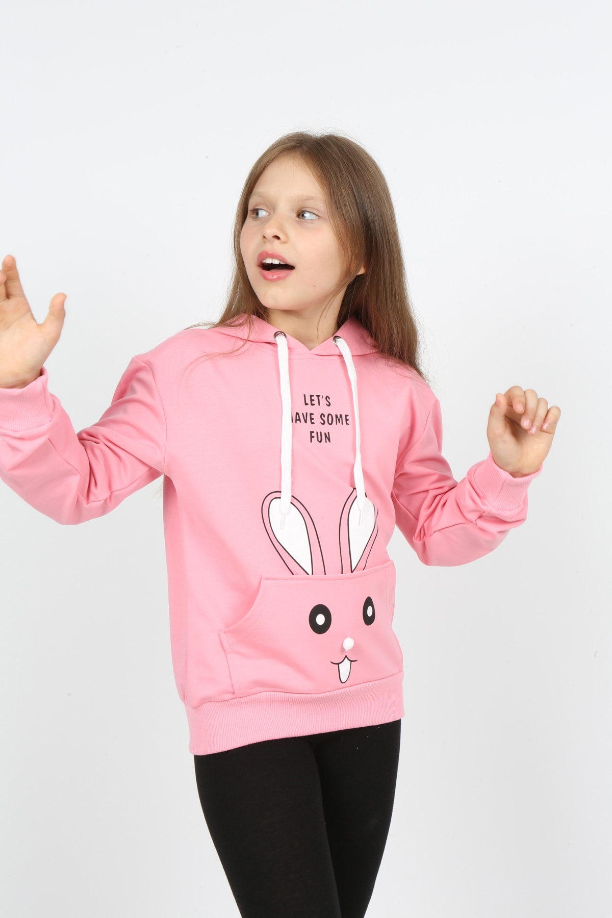 Kız Çocuk Kapüşonlu Cepli Tavşan Baskılı Sweatshirt