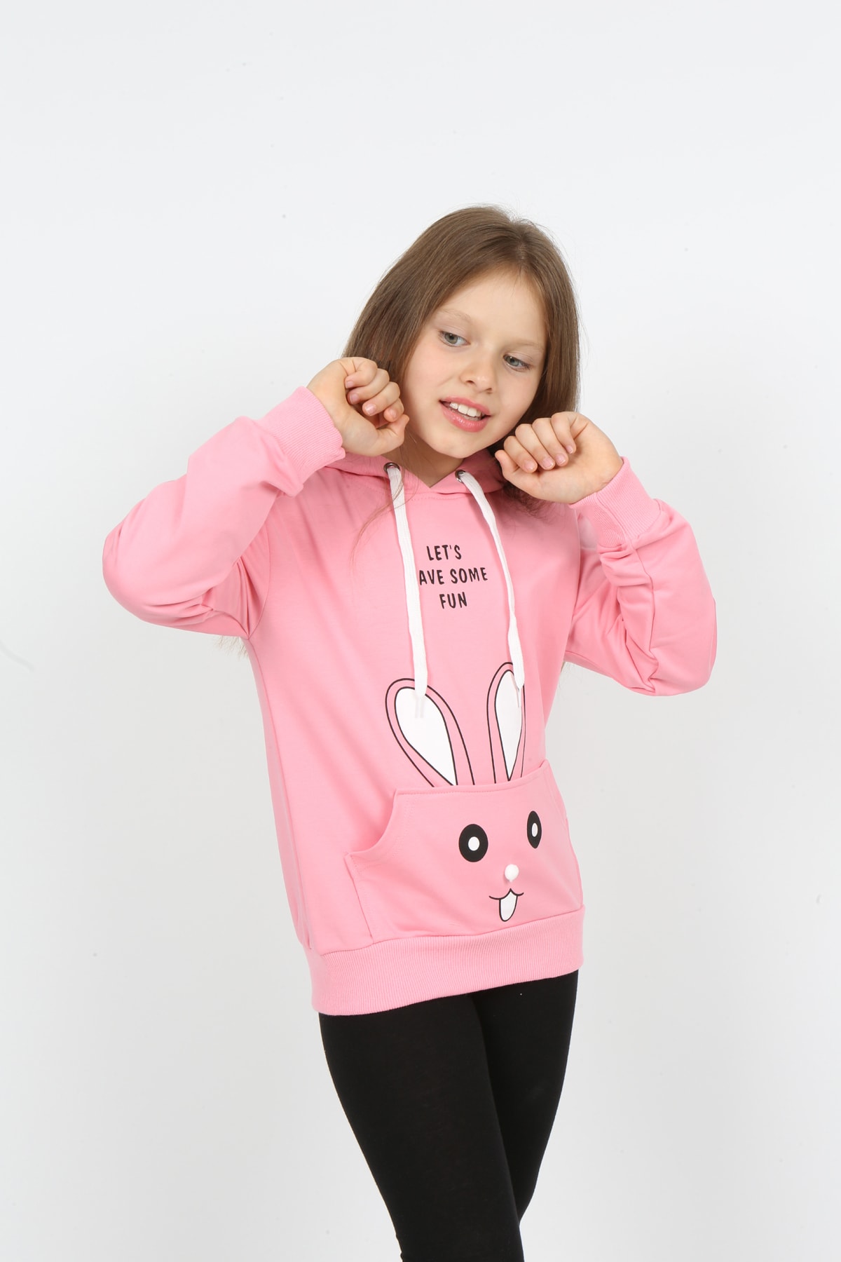 Kız Çocuk Kapüşonlu Cepli Tavşan Baskılı Sweatshirt