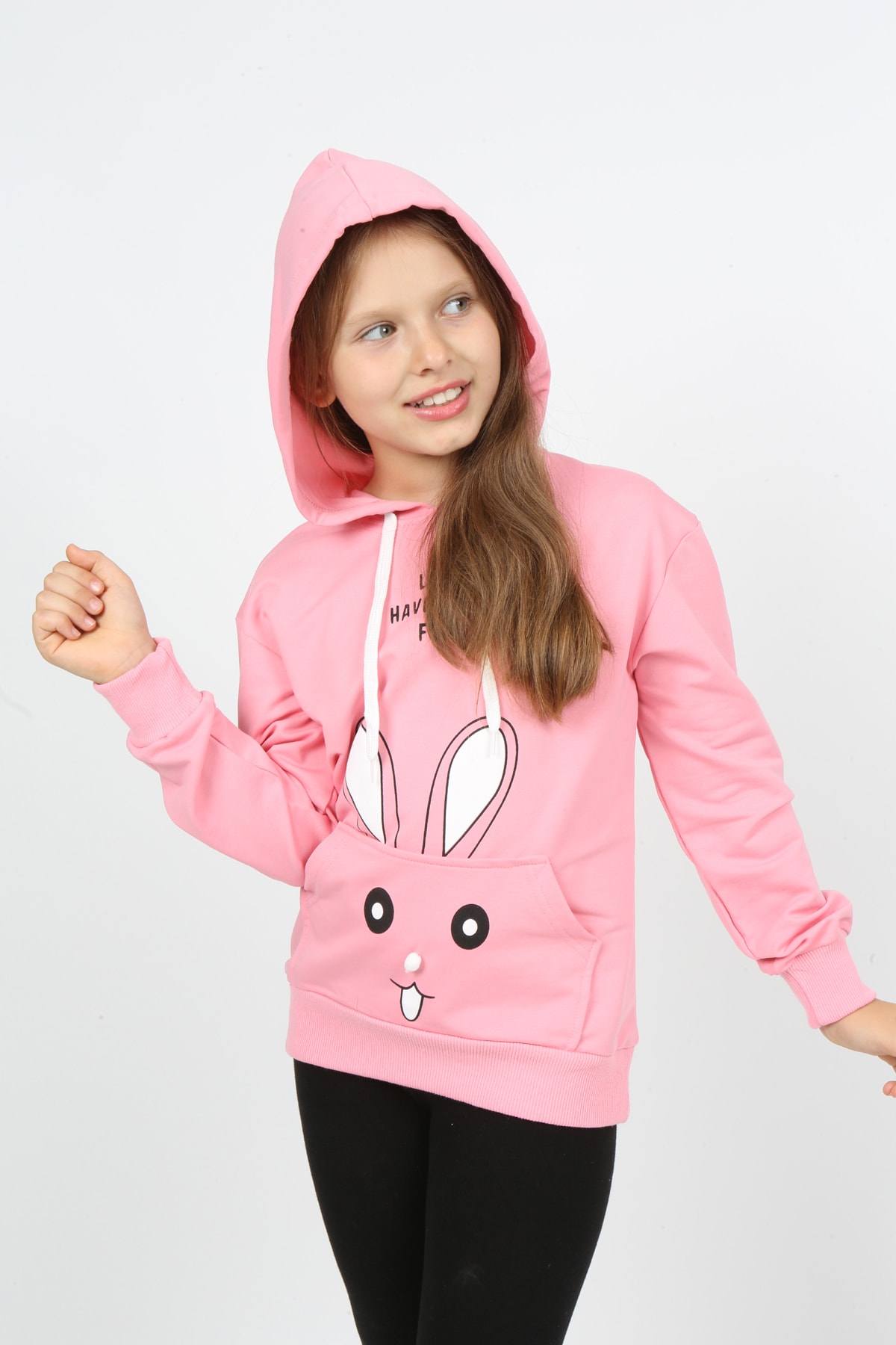 Kız Çocuk Kapüşonlu Cepli Tavşan Baskılı Sweatshirt