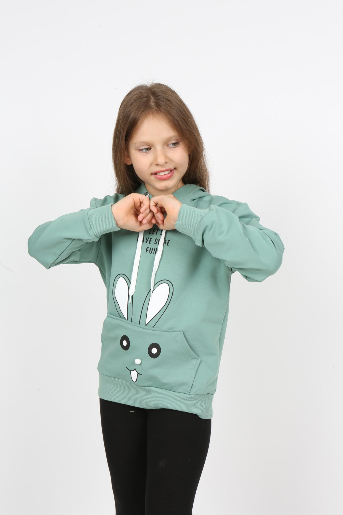 Kız Çocuk Kapüşonlu Cepli Tavşan Baskılı Sweatshirt