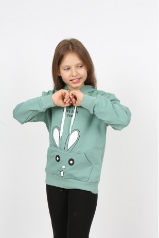 سويت شيرت بغطاء رأس وجيب للفتيات مطبوع عليه أرنب