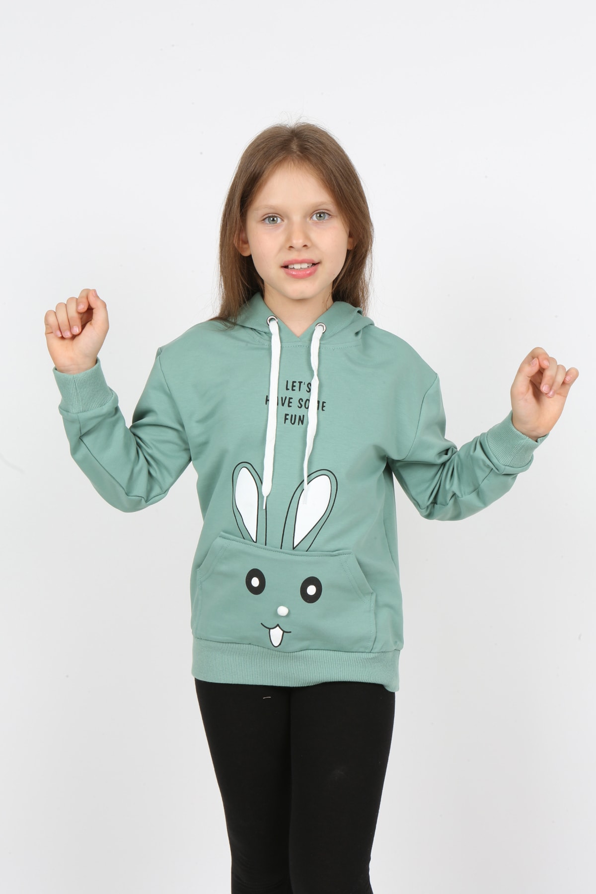Kız Çocuk Kapüşonlu Cepli Tavşan Baskılı Sweatshirt
