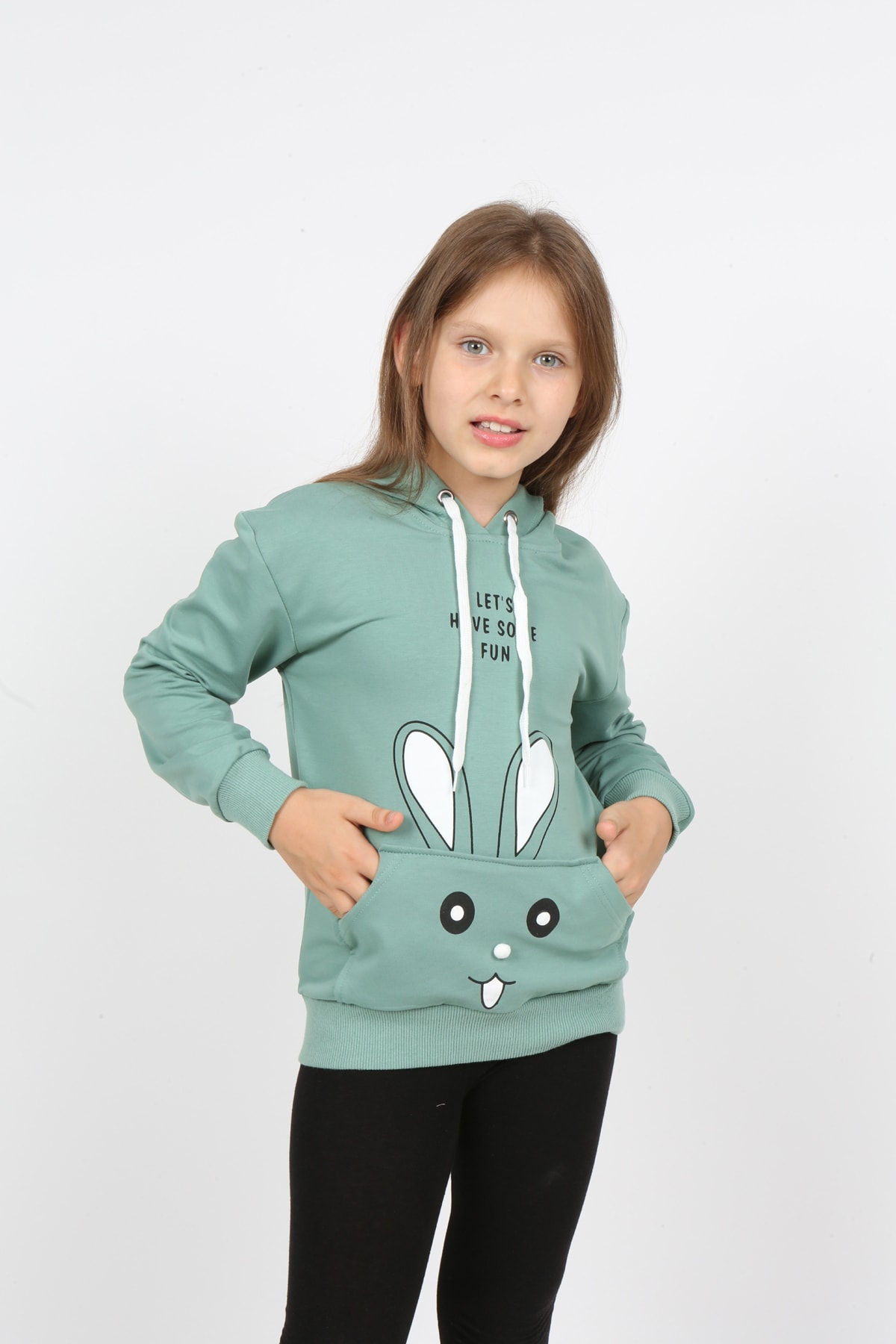 Kız Çocuk Kapüşonlu Cepli Tavşan Baskılı Sweatshirt