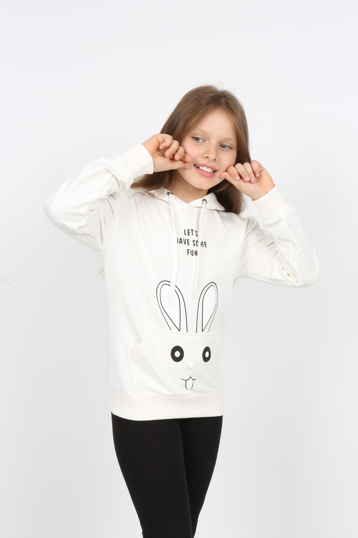 Kız Çocuk Kapüşonlu Cepli Tavşan Baskılı Sweatshirt