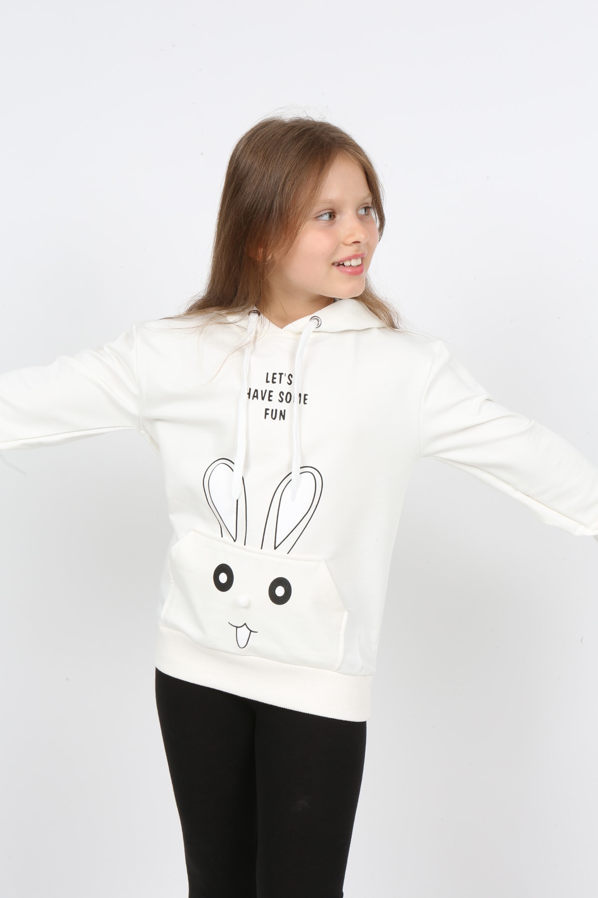 Kız Çocuk Kapüşonlu Cepli Tavşan Baskılı Sweatshirt