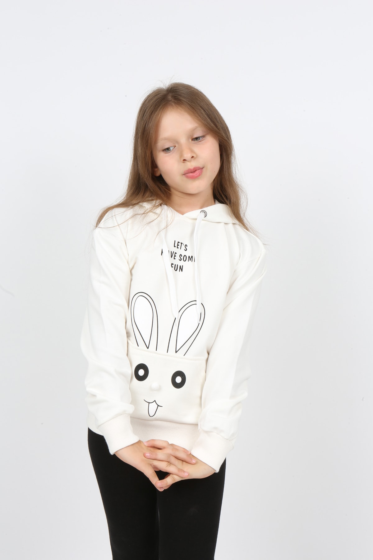 Kız Çocuk Kapüşonlu Cepli Tavşan Baskılı Sweatshirt