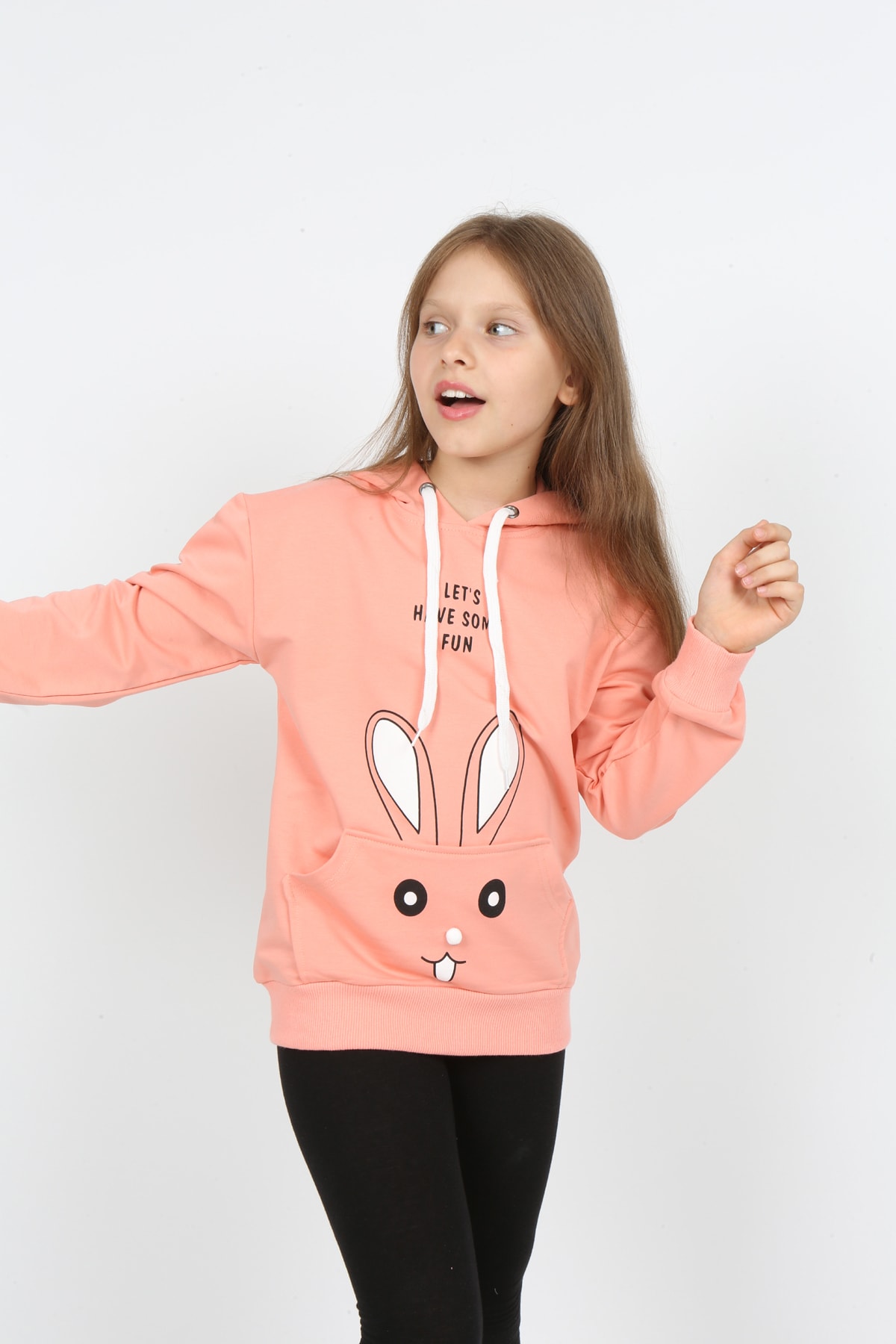 I&k Şımarık Kids سويت شيرت بغطاء رأس وجيب وطبعة أرنب للفتيات
