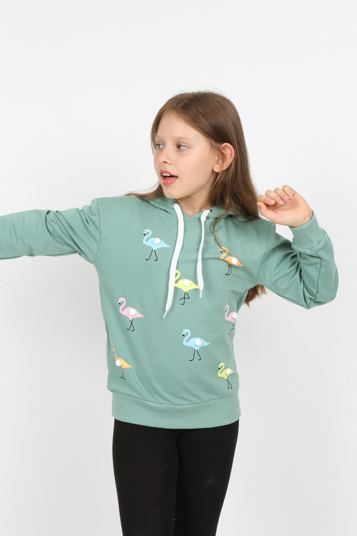 I&k Şımarık Kids Kız Çocuk Kapüşonlu Flamingo Baskılı Sweatshirt