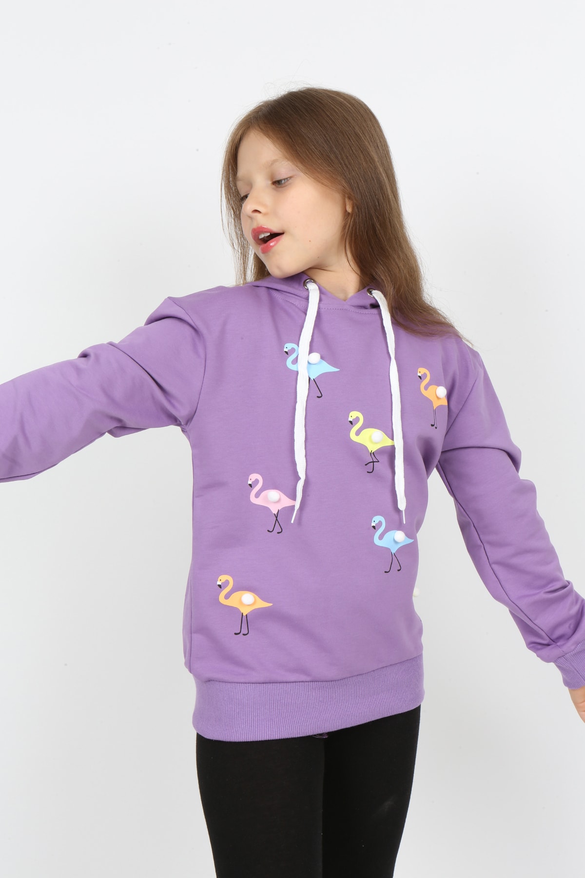 I&k Şımarık Kids Kız Çocuk Kapüşonlu Flamingo Baskılı Sweatshirt
