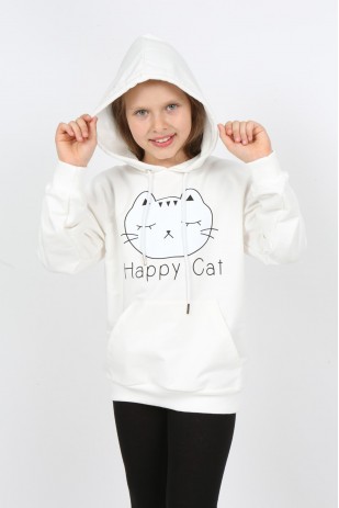 Kız Çocuk Baskılı Kapüşonlu Cepli Sweatshirt