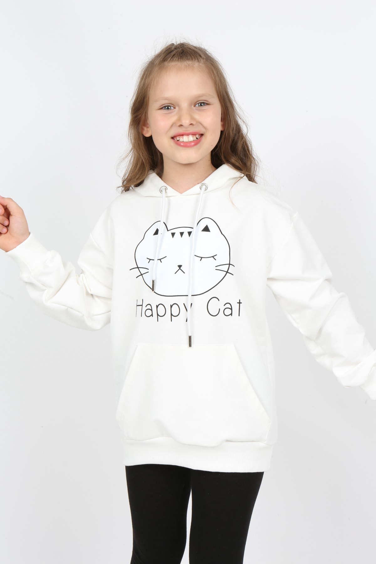 Kız Çocuk Baskılı Kapüşonlu Cepli Sweatshirt