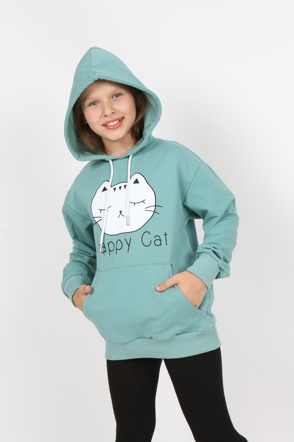 Kız Çocuk Baskılı Kapüşonlu Cepli Sweatshirt