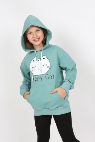 Kız Çocuk Baskılı Kapüşonlu Cepli Sweatshirt
