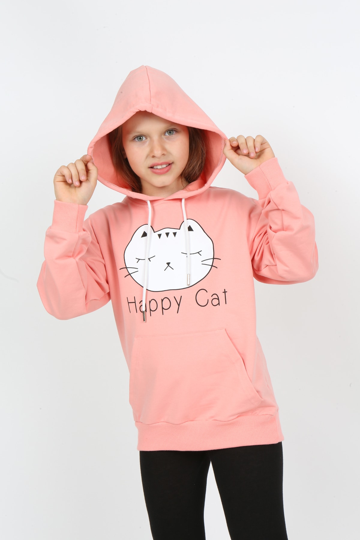 Kız Çocuk Baskılı Kapüşonlu Cepli Sweatshirt