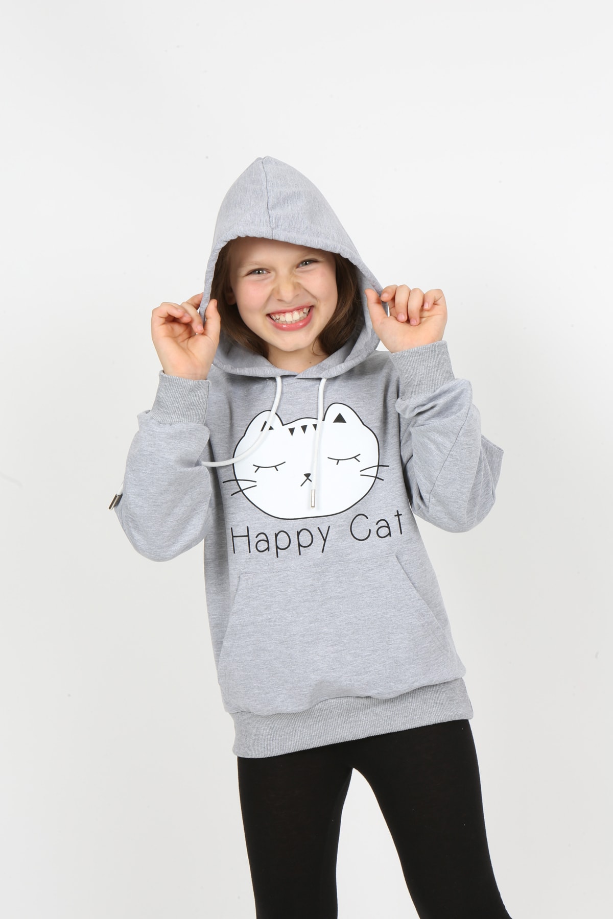 Kız Çocuk Baskılı Kapüşonlu Cepli Sweatshirt