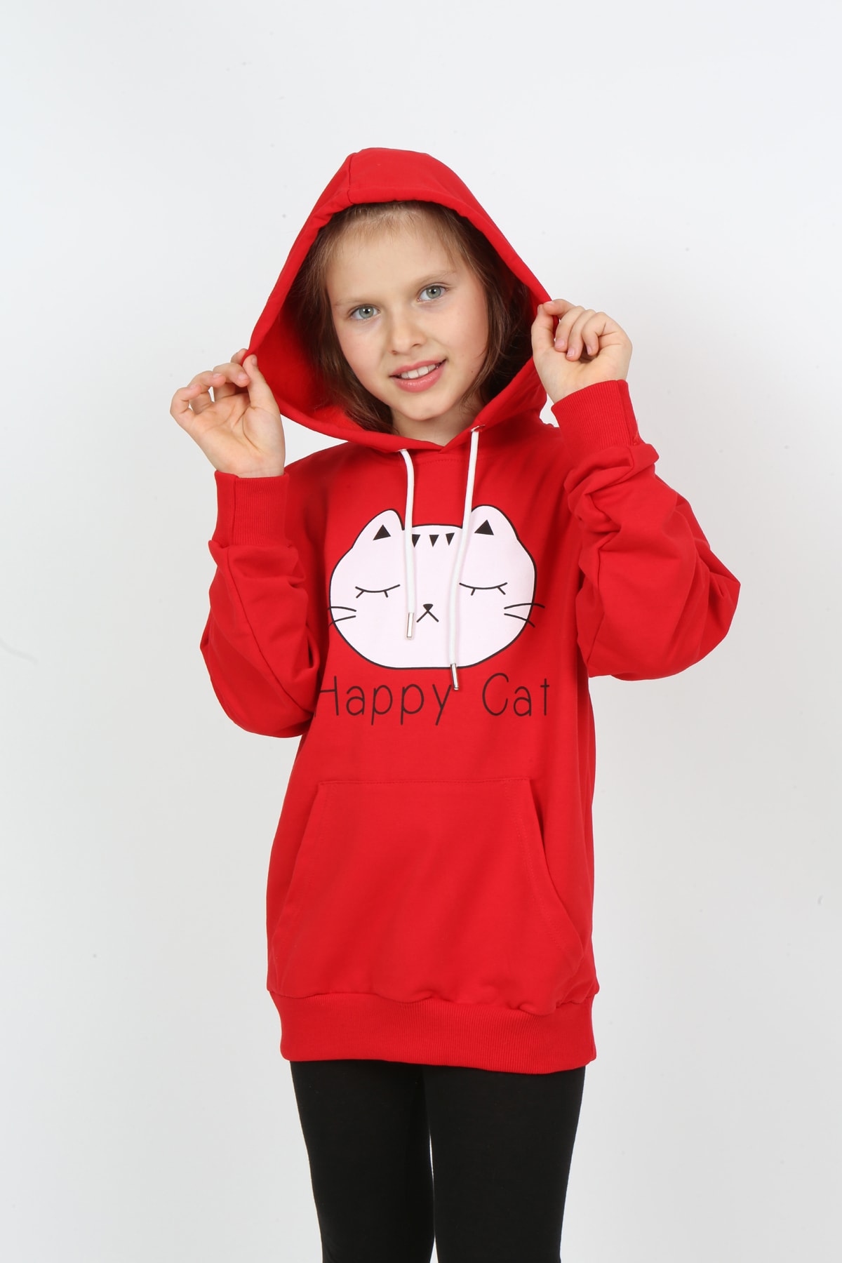 Kız Çocuk Baskılı Kapüşonlu Cepli Sweatshirt