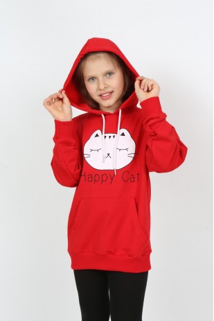 Kız Çocuk Baskılı Kapüşonlu Cepli Sweatshirt