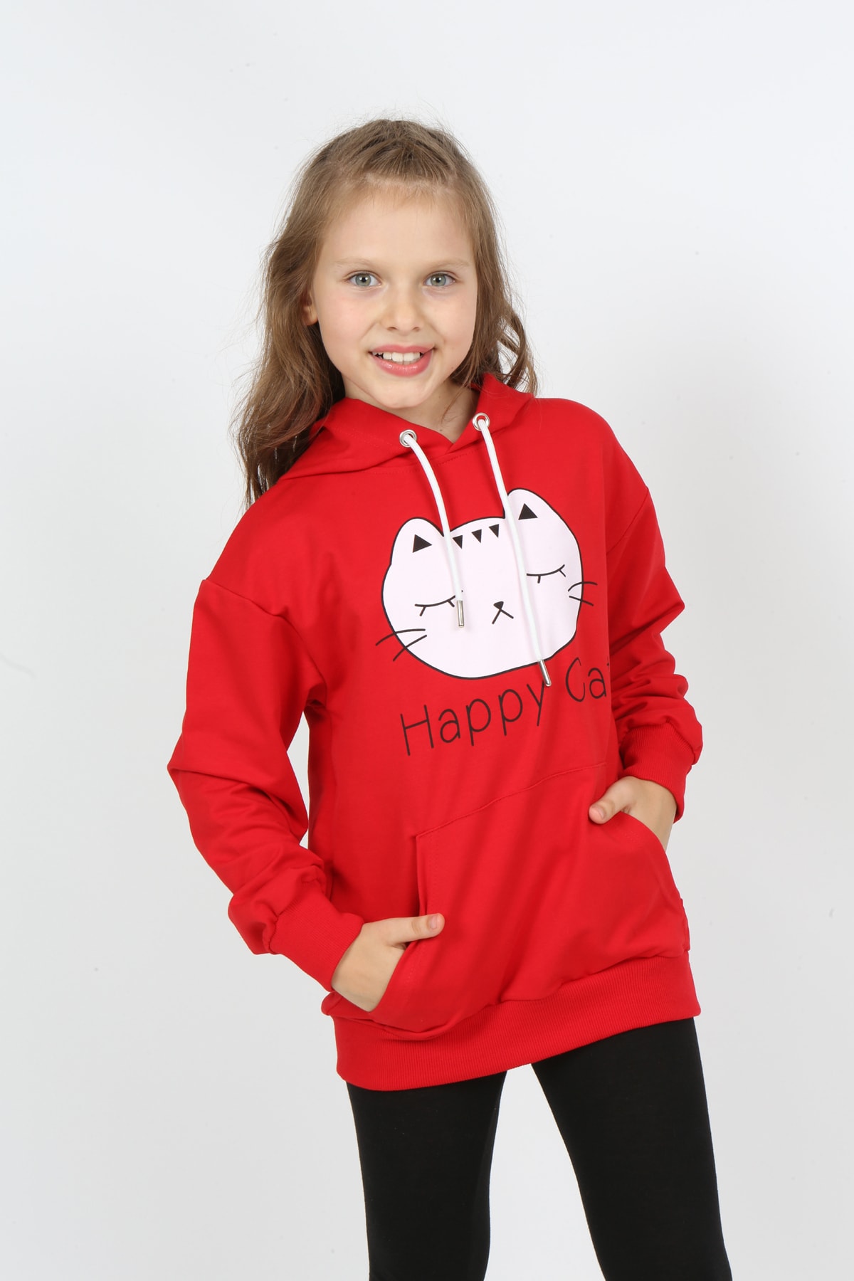 Kız Çocuk Baskılı Kapüşonlu Cepli Sweatshirt