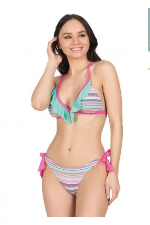 Kadın Renkli Fırfırlı Yandan Bağlamalı Bikini Takımı Kadın Renkli Fırfırlı Yandan Bağlamalı Bikini Takımı