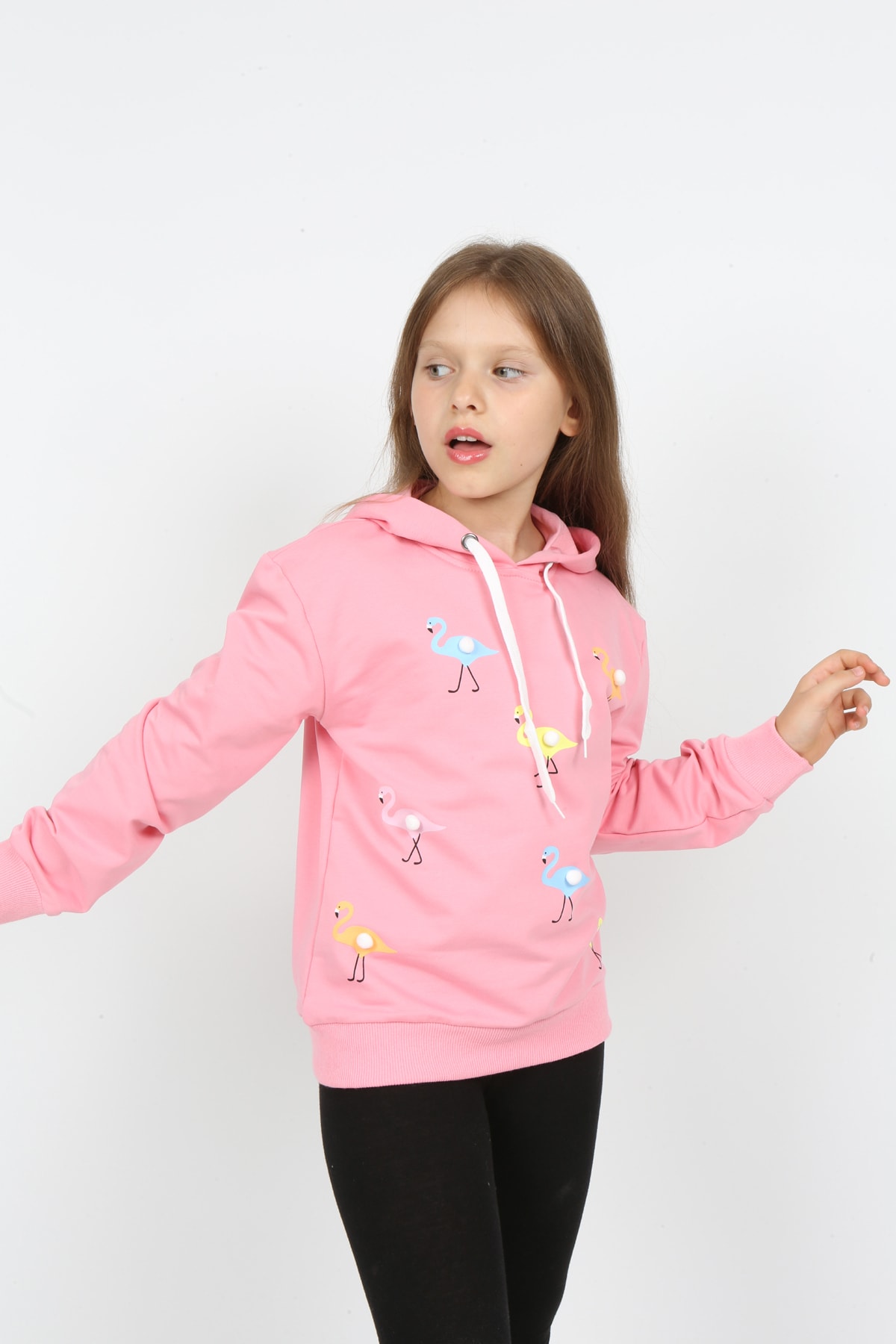 I&k Şımarık Kids Kız Çocuk Kapüşonlu Flamingo Baskılı Sweatshirt