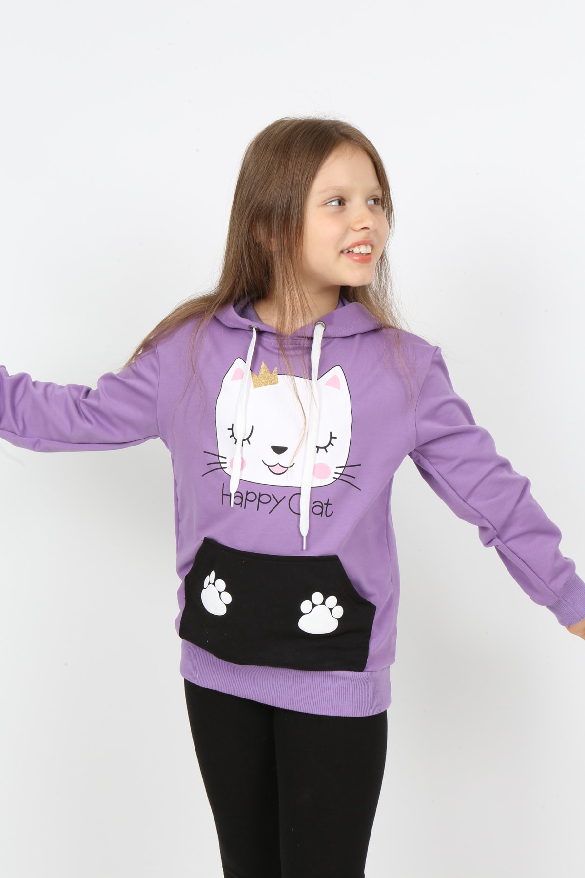 Kız Çocuk Kapüşonlu Cepli Baskılı Sweatshirt