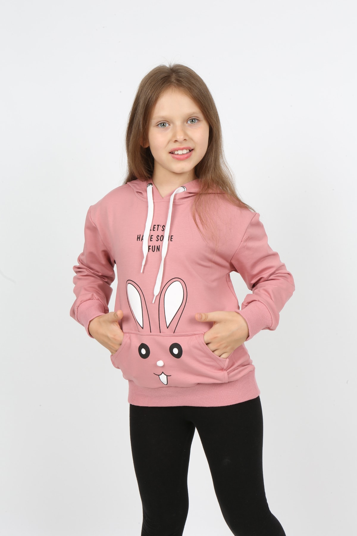 Kız Çocuk Kapüşonlu Cepli Tavşan Baskılı Sweatshirt