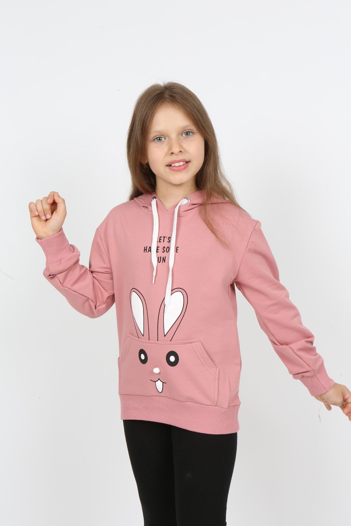 Kız Çocuk Kapüşonlu Cepli Tavşan Baskılı Sweatshirt