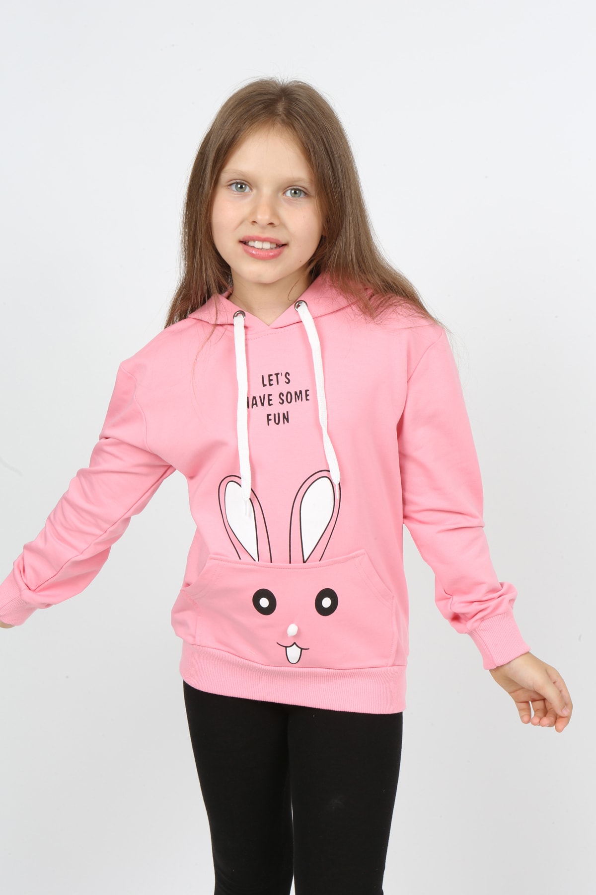 Kız Çocuk Kapüşonlu Cepli Tavşan Baskılı Sweatshirt
