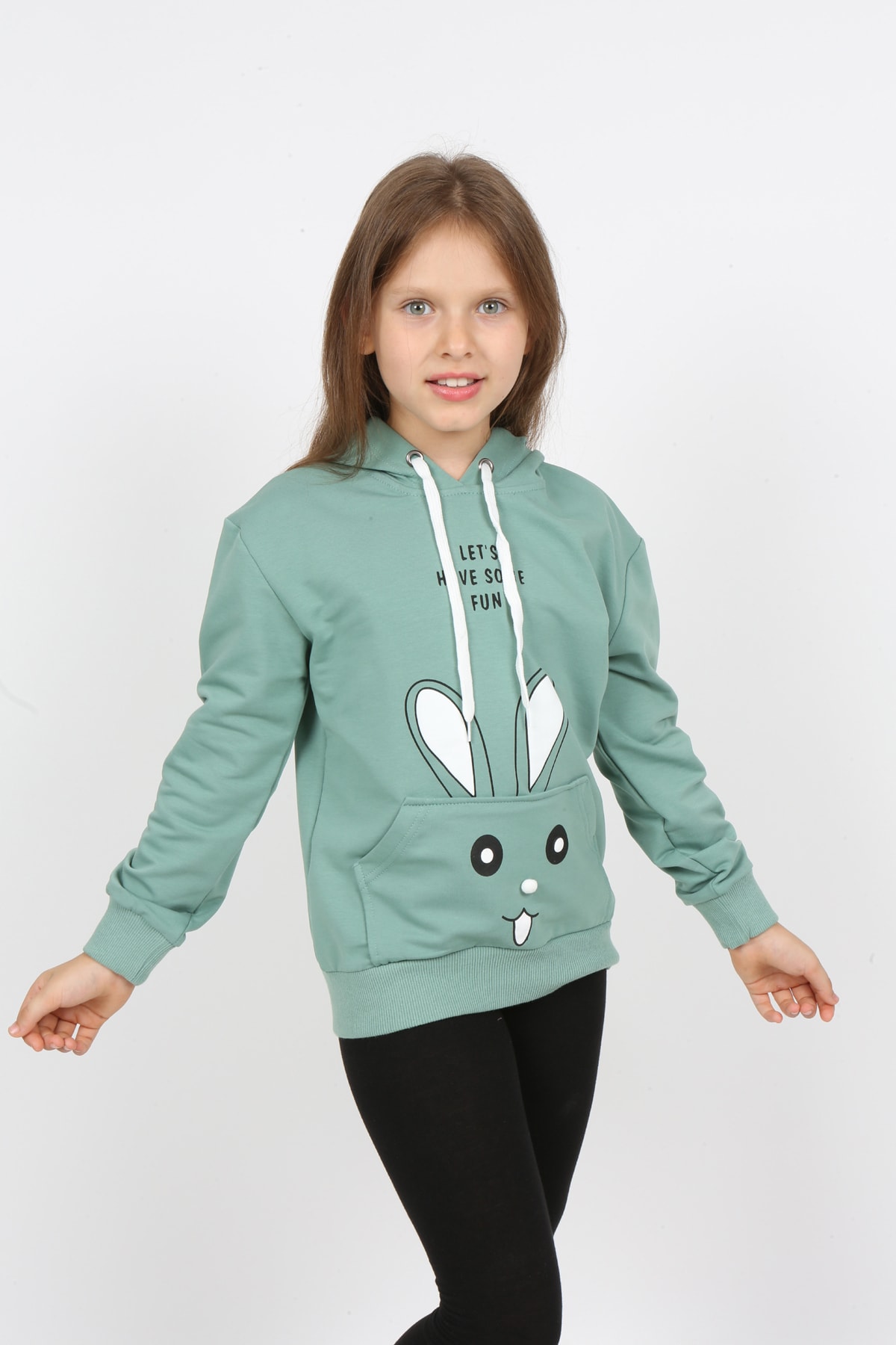 Kız Çocuk Kapüşonlu Cepli Tavşan Baskılı Sweatshirt