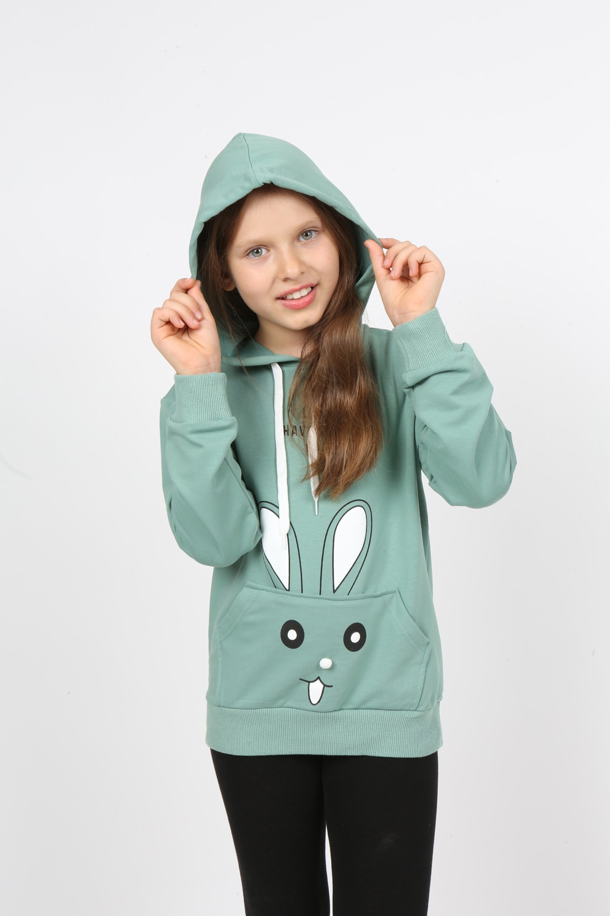 Kız Çocuk Kapüşonlu Cepli Tavşan Baskılı Sweatshirt
