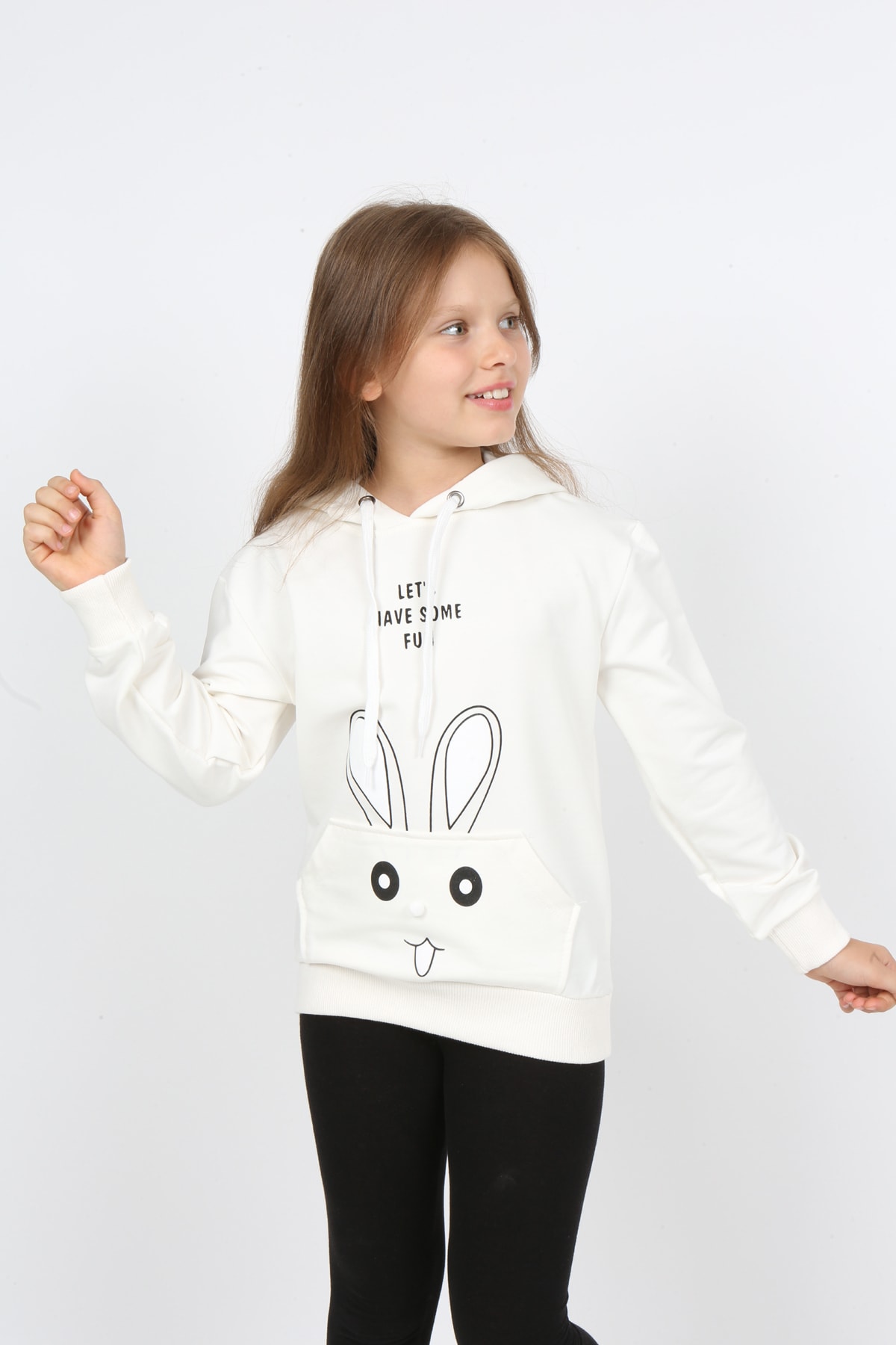 Kız Çocuk Kapüşonlu Cepli Tavşan Baskılı Sweatshirt